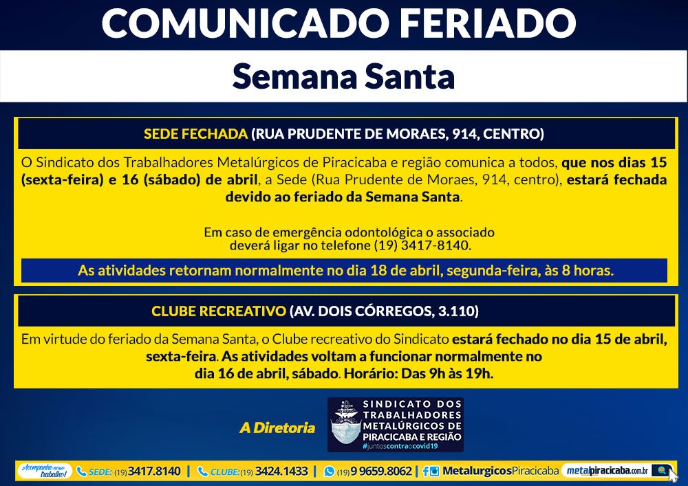 Comunicado: Feriado – Semana Santa
