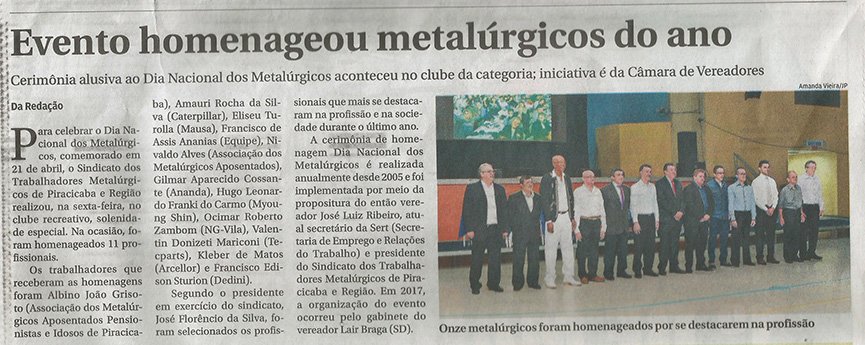 Evento homenageou metalúrgicos do ano é destaque no jornal de Piracicaba