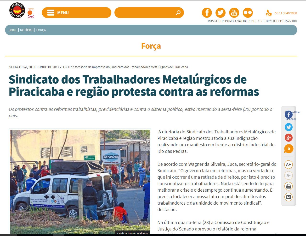 Sindicato dos Trabalhadores Metalúrgicos de Piracicaba e região protesta contra as reformas é destaque no site da Força Sindical
