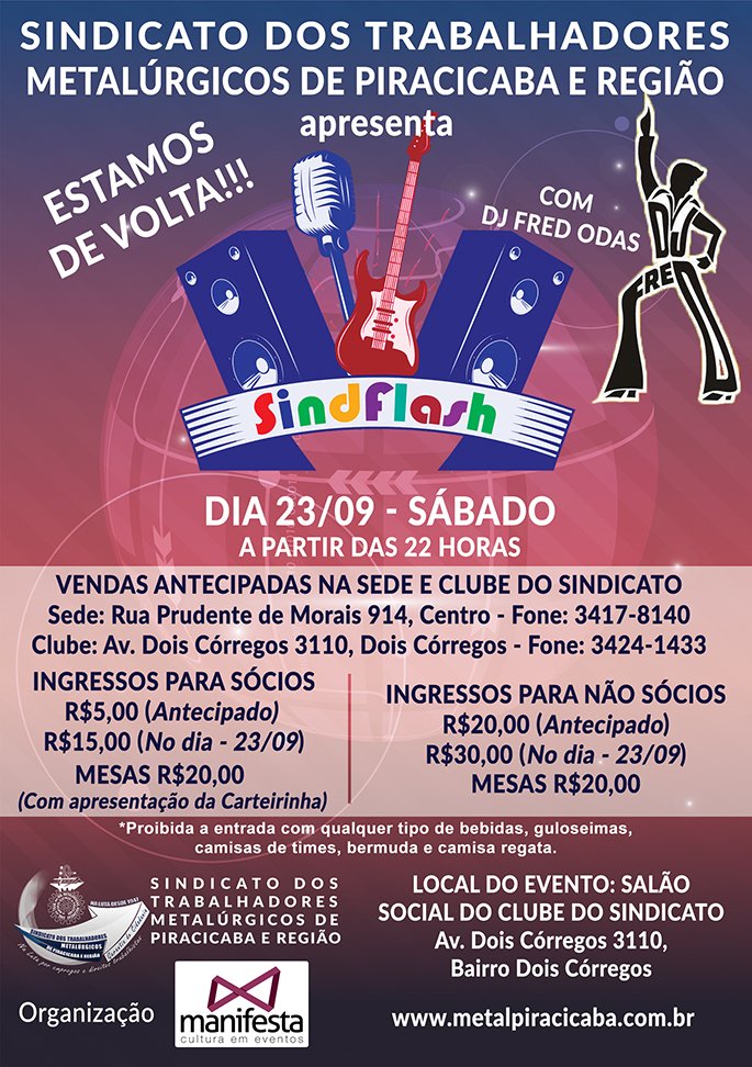Estamos de Volta! Sindflash!! dia 23/09 sábado (Vendas a partir de sexta-feira 15/09)