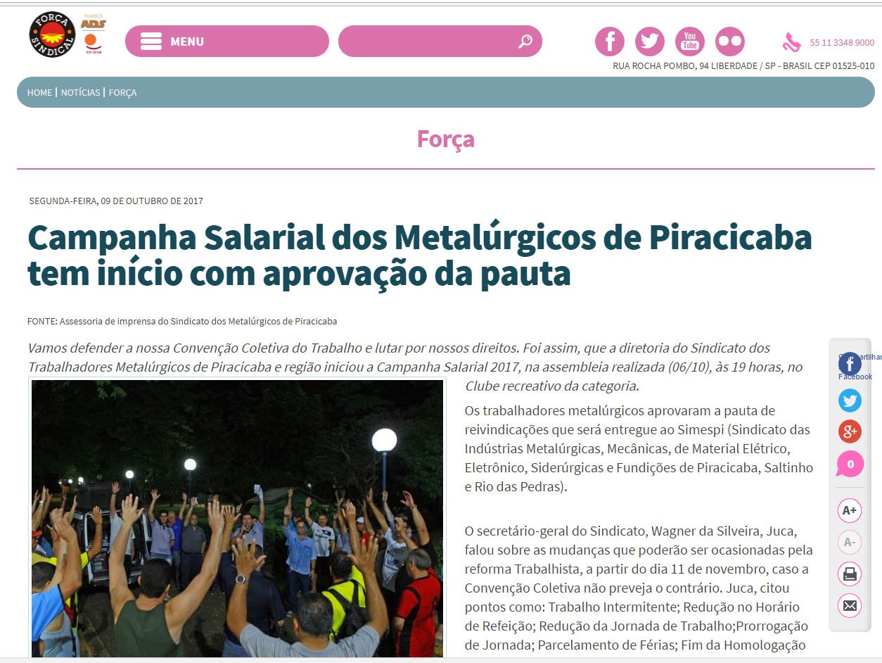 Campanha Salarial dos Metalúrgicos de Piracicaba tem início com aprovação da pauta é destaque no site da Força Sindical