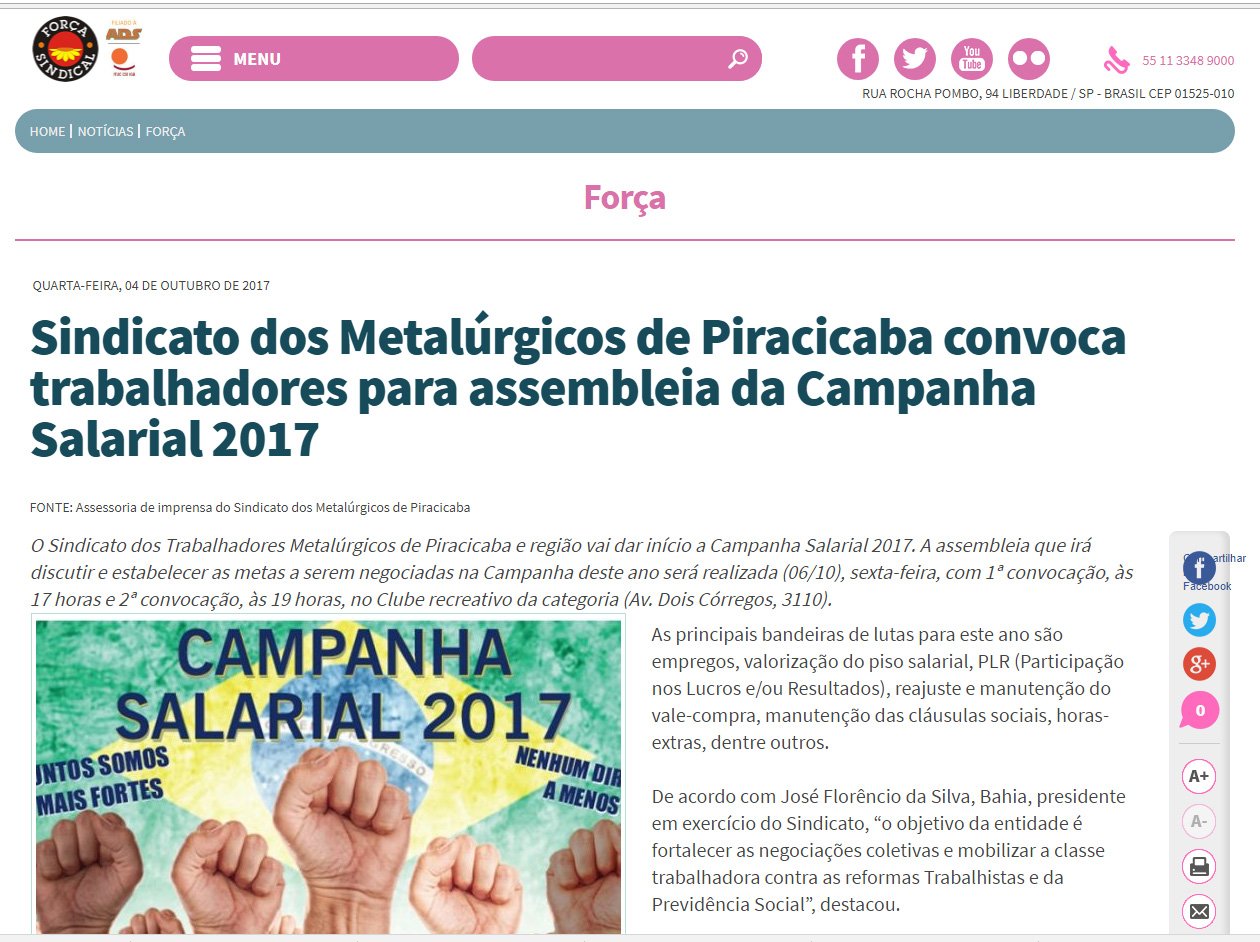 Sindicato dos Metalúrgicos de Piracicaba convoca trabalhadores para assembleia da Campanha Salarial 2017 é destaque no site da Força Sindical