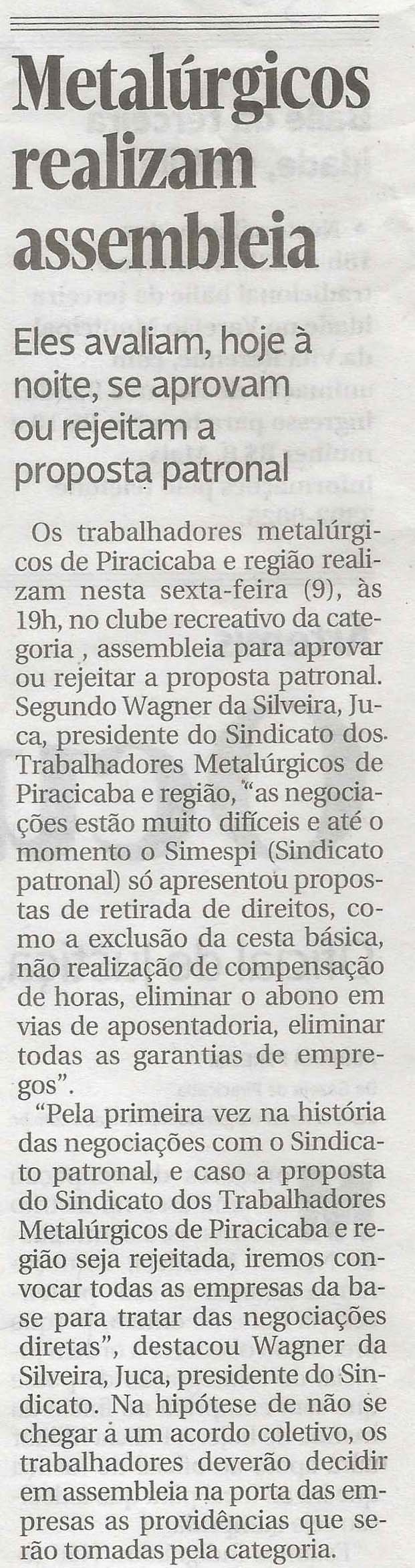 Metalúrgicos realizam assembleia, é destaque na Gazeta de Piracicaba