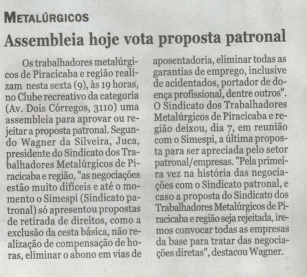 Assembleia hoje vota proposta patronal é destaque no jornal Tribuna de Piracicaba