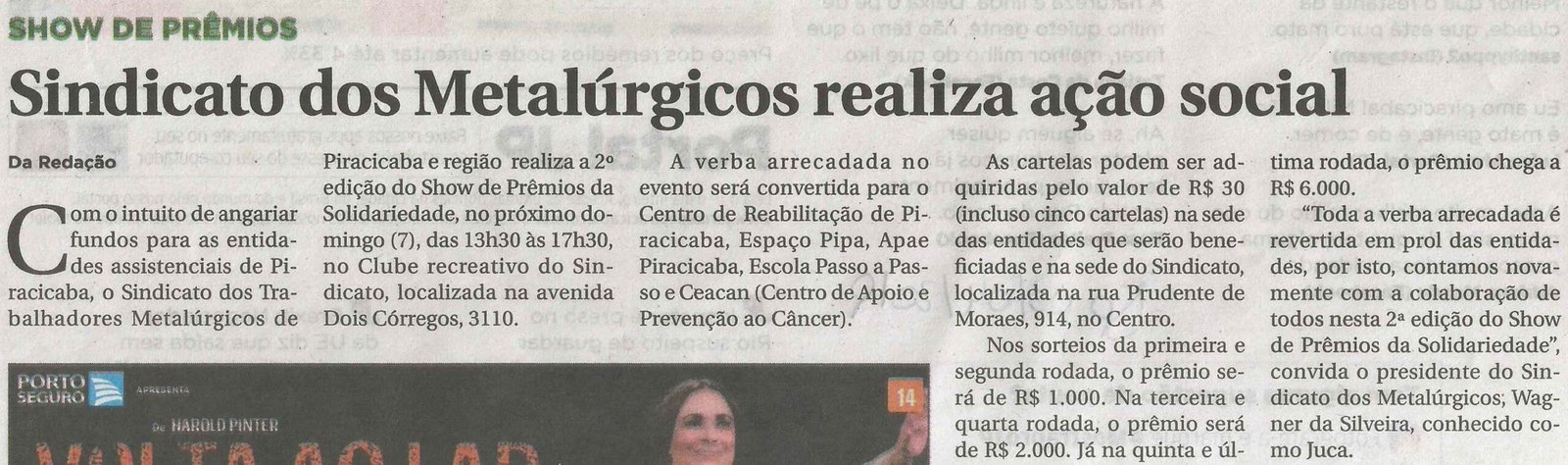 Sindicato dos Metalúrgicos realiza ação social é destaque no jornal de Piracicaba