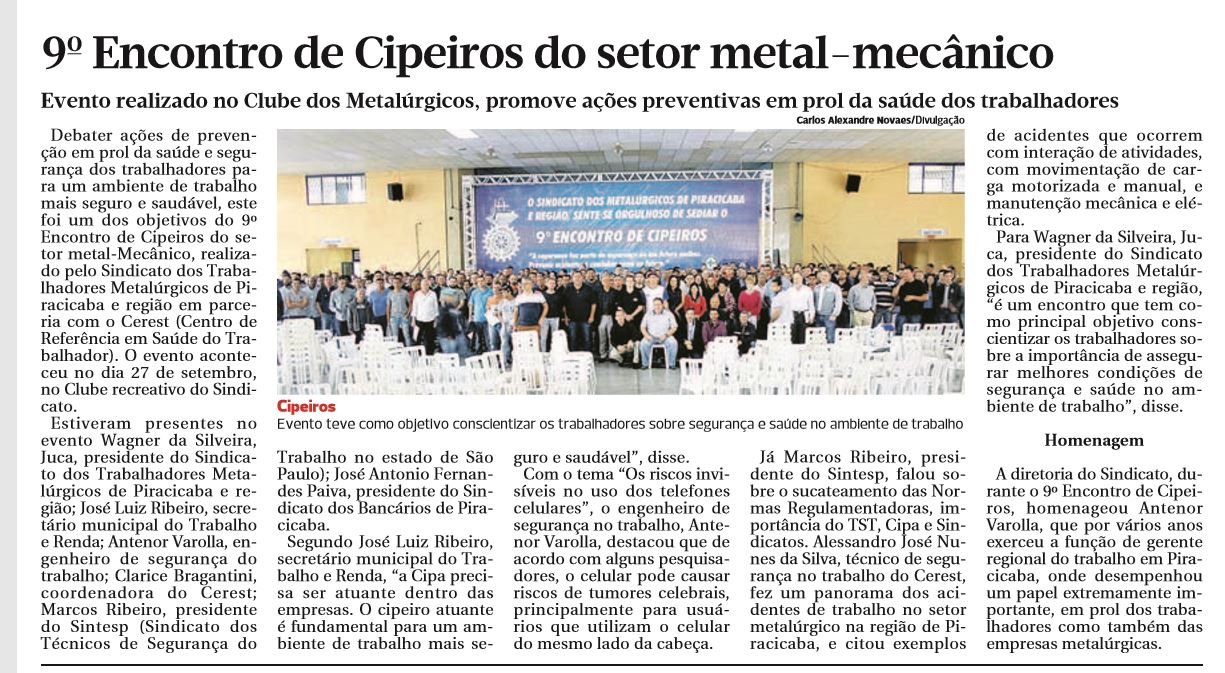 9º Encontro de Cipeiros do setor metal-mecânico é destaque na Gazeta de Piracicaba