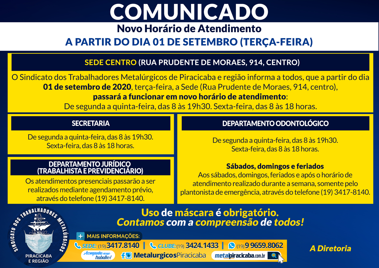 Comunicado – Sede – Novo Horário de Atendimento
