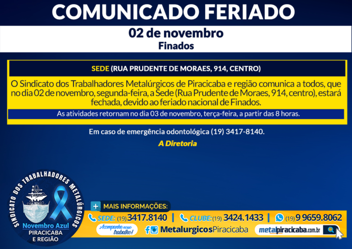 Comunicado Feriado 2 novembro finados