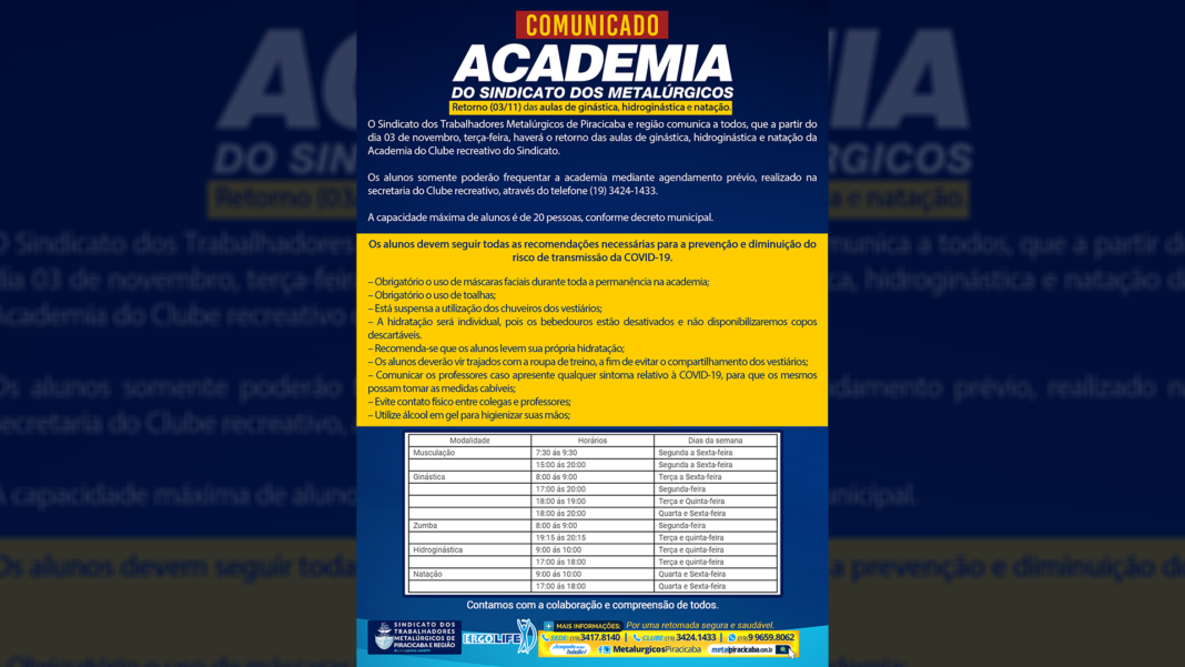 Comunicado Reabertura Academia clube vid