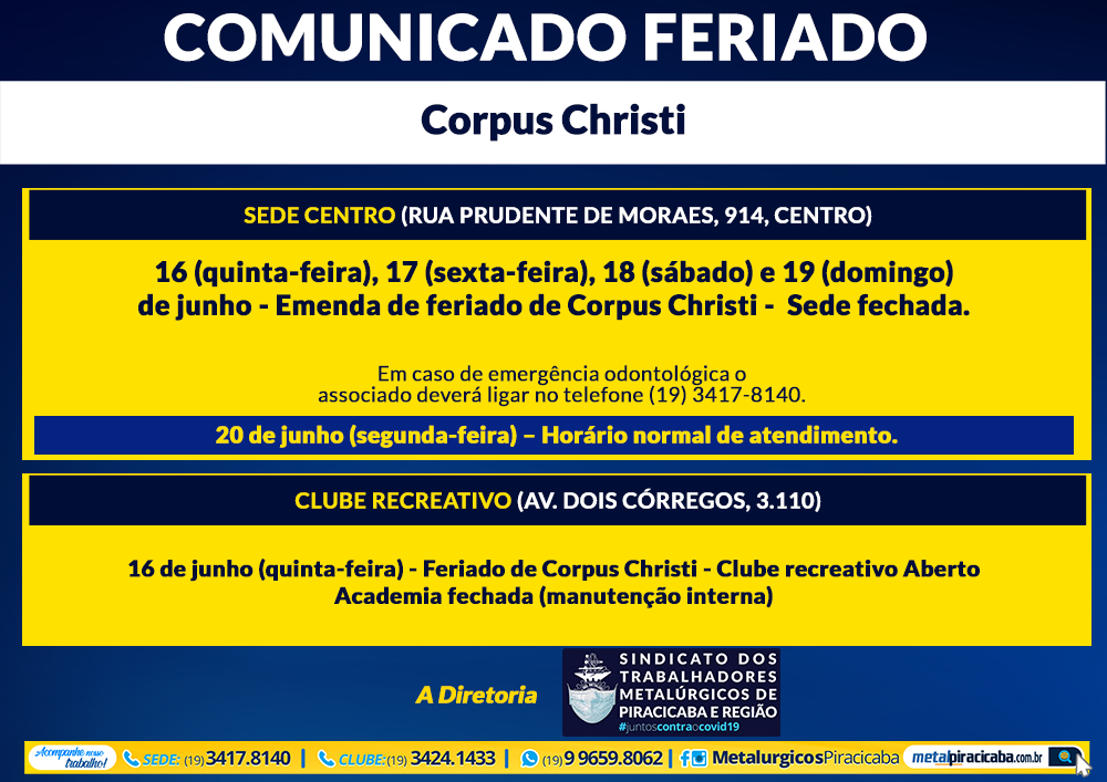 Confira o funcionamento da Sede Central e Clube de Campo no feriado de  Corpus Christi – Metalúrgicos Jundiaí