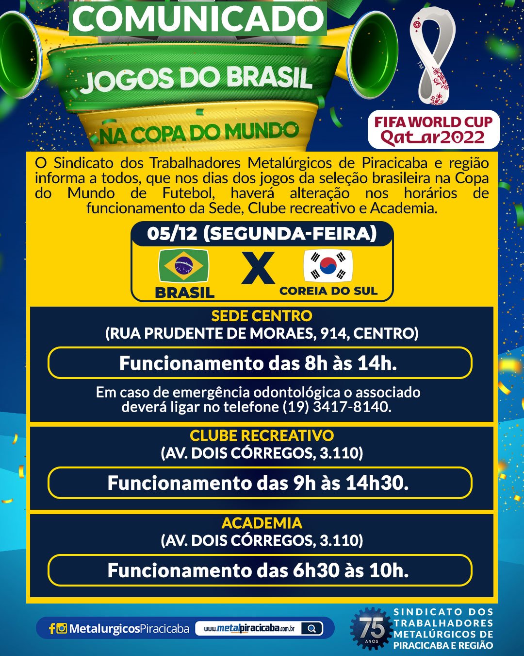 COMUNICADO: HORÁRIOS DE ATENDIMENTO AO PÚBLICO NOS DIAS DOS JOGOS DO BRASIL  NA COPA DO MUNDO FIFA 2022 - Prefeitura de Quadra