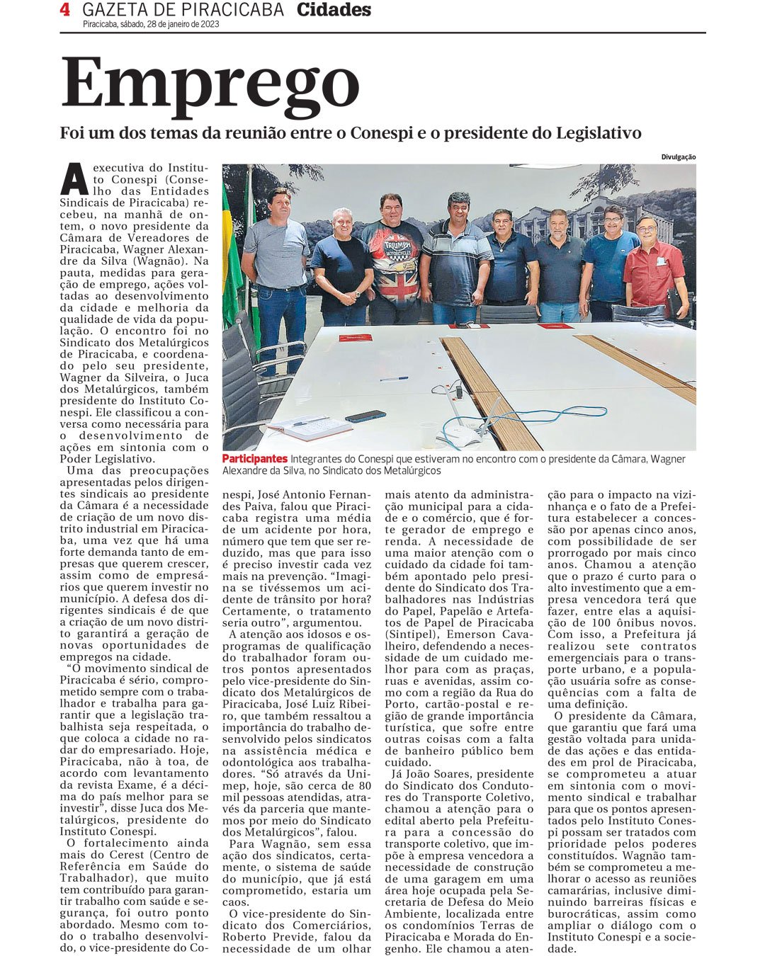Gazeta de Piracicaba – Emprego: Foi um dos temas da reunião entre o Conespi e o presidente do Legislativo