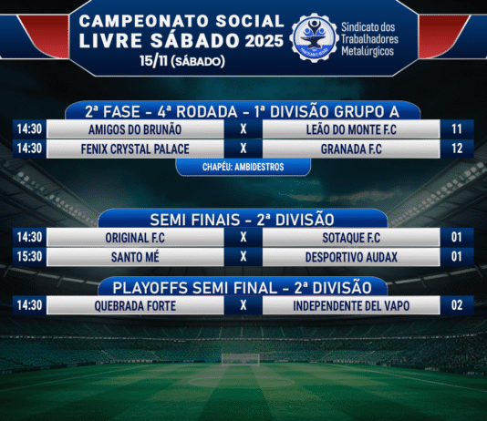 Próximos jogos do Campeonato Social Livre – jogos sábado