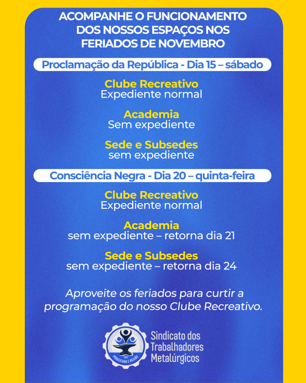 tv-Cominicados Feriados 15 e 20 Nov