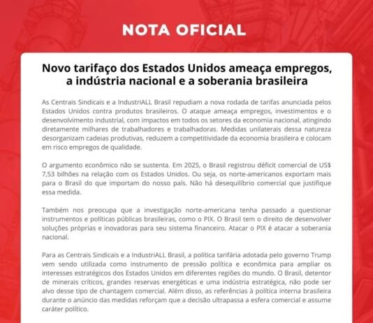 Sindicato repudia nova roda de tarifas dos Estados Unidos