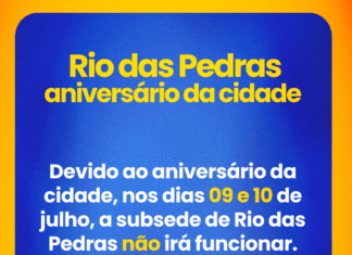 Funcionamento subsede Rio das Pedras: dias 09 e 10 de julho